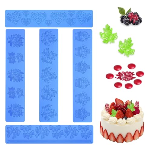 5 Stück Silikonform Blätter, 3D Tulle Molds Hippenform Silikon Blätter Silikonformen Blätter für Dekoration, Spitze Silikonform für Backen, Seife, Zucker Handwerk Kuchen Dekoration Kuchenformen (Blau) von Les-Theresa