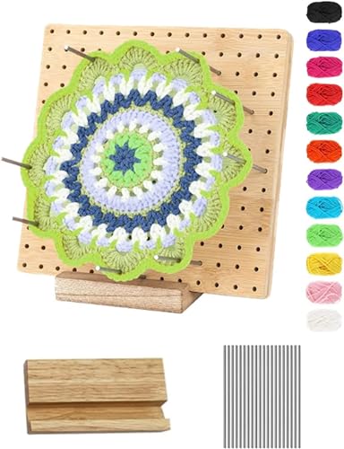 Sperrbrett für Granny Square,Bambus Brett für Stricken Häkeln,Häkelset Mit 20 Stock Crochet,12 Rollen Garn und Hölzernen Stricken,Stricken für Anfänger Set (20cm*20cm) von Les-Theresa