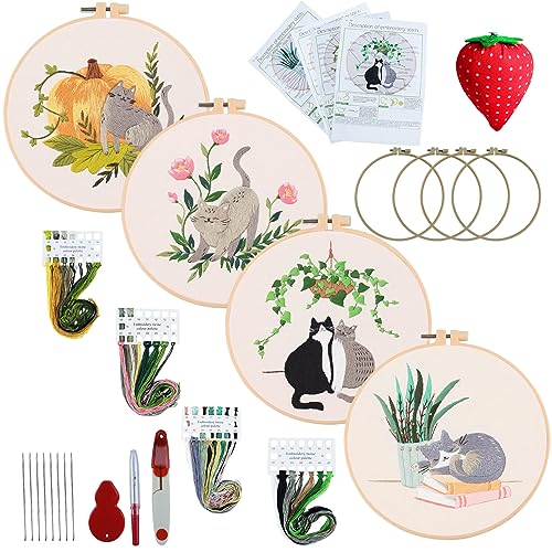 Stickerei Set Anfänger mit Muster und Anleitung,4 Stück Blumen Stickerei Set Erwachsene Kreuzstich Vorgedruckt,Farbfäden und Werkzeuge,für DIY Kunst, Handwerk, Sticken,Nähen (Katze und Pflanze) von Les-Theresa