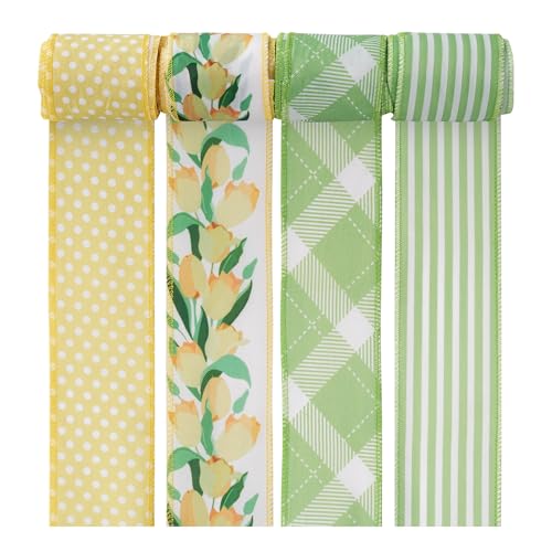 Floral Ribbon, 4 Rollen 24 Yards Blumen-Drahtkantenband Tulpenblumen-Dekorstoffband zum Verpacken Floral Ribbon, 4 Rollen 24 Yards Blumen-Drahtkantenband Tulpenblumen-Dekorstoffband zum Verpacken von LetCart