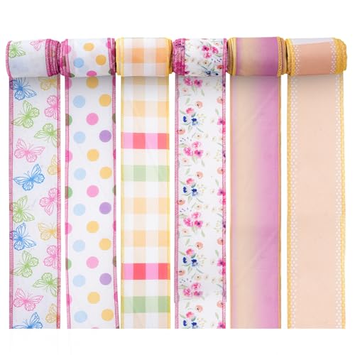 Floral Ribbon, 6 Rollen 36 Yards Blumen-Drahtkantenband Schmetterlingsblumen-Dekorstoffband für verschiedene Anlässe (Style B) von LetCart