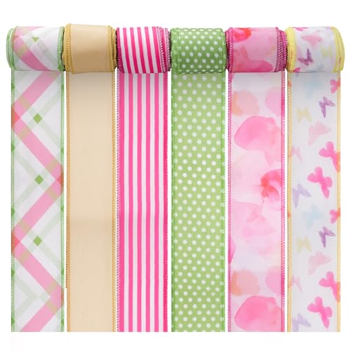 Floral Ribbon, 6 Rollen 36 Yards Blumen-Drahtkantenband Schmetterlingsblumen-Dekorstoffband für verschiedene Anlässe (Style C) von LetCart