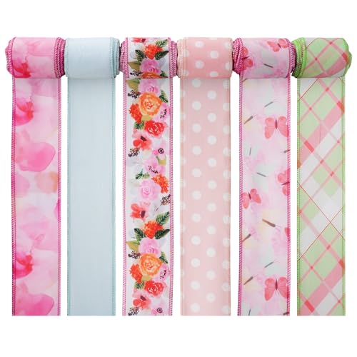 Floral Ribbon, 6 Rollen 36 Yards Blumen-Drahtkantenband Schmetterlingsblumen-Dekorstoffband für verschiedene Anlässe (Style D) von LetCart