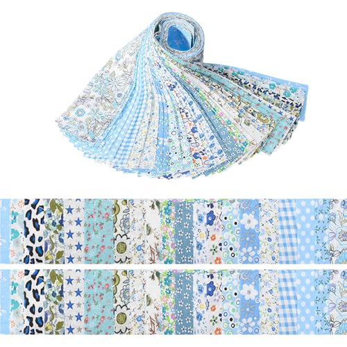 LetCart Baumwoll-Steppstoff mit Blumenmuster, 20 vorgeschnittene Stoffstreifen für Bastelarbeiten, Nähen, Puppenkleidung, Kissendekoration, 6,2 x 50 cm, 2 Rollen pro Design, 40 Rollen (Blau) von LetCart