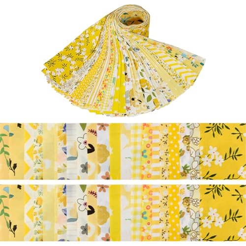 LetCart Baumwoll-Steppstoff mit Blumenmuster, 20 vorgeschnittene Stoffstreifen für Bastelarbeiten, Nähen, Puppenkleidung, Kissendekoration, 6,2 x 50 cm, 2 Rollen pro Design, 40 Rollen (Gelb) von LetCart