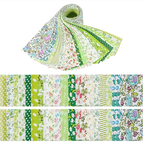 LetCart Baumwoll-Steppstoff mit Blumenmuster, 20 vorgeschnittene Stoffstreifen für Bastelarbeiten, Nähen, Puppenkleidung, Kissendekoration, 6,2 x 50 cm, 2 Rollen pro Design, 40 Rollen (Grün) von LetCart
