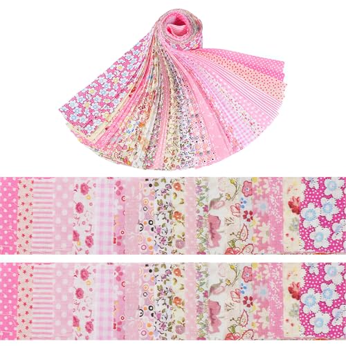 LetCart Baumwoll-Steppstoff mit Blumenmuster, 20 vorgeschnittene Stoffstreifen für Bastelarbeiten, Nähen, Puppenkleidung, Kissendekoration, 6,2 x 50 cm, 2 Rollen pro Design, 40 Rollen (Rosa) von LetCart
