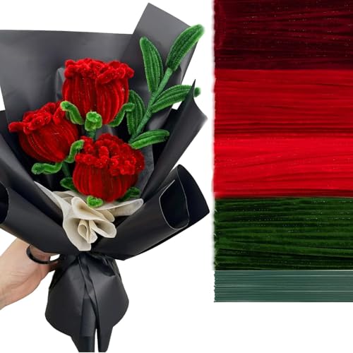 500 Stück rote Pfeifenreiniger, Chenille Stiele, flauschige Stäbchen für Blumenbasteleien, einschließlich grünem Blumenband und 30 cm langen Stieldrähten, Draht-Skulptur-Zubehör für DIY-Sträuße von LetCartMaker