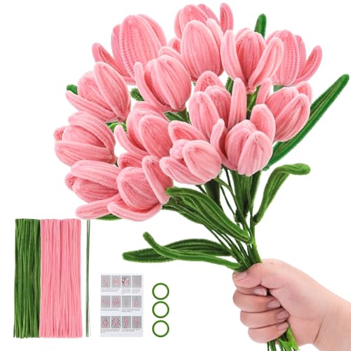 Rosa Tulip Pipe Cleaners Craft Set, DIY Floral Chenille Stämme mit Schritt-für-Schritt-Video-Tutorials, Draht-Skulptur-Kit für Home Decor, DIY Flower Art Supplies, 15 Blumen von LetCartMaker