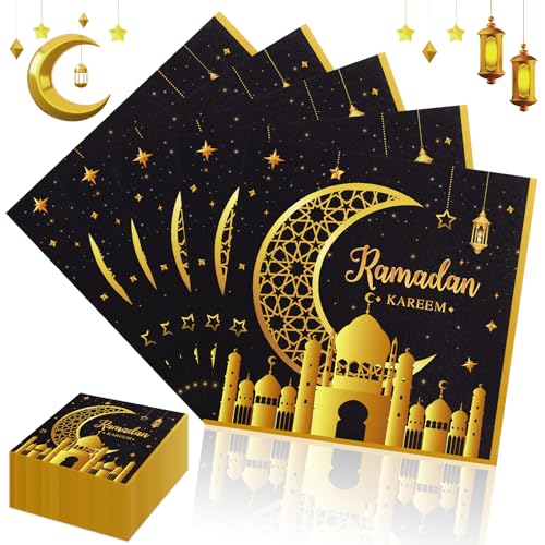 Lets Joy 100 Stück Ramadan Kareem Servietten, 33 x 33 cm Ramadan Papierservietten, Ramadan Kareem Party Dekoration, Ramadan Servietten Tischzubehör, Servietten Schwarz Gold für Eid Ramadan Party von Lets Joy