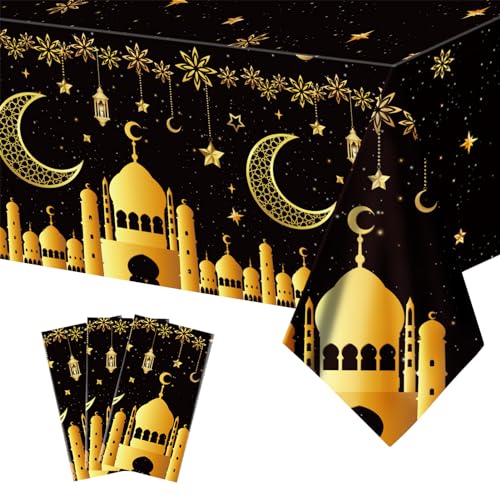 Lets Joy 3 Stück Eid Mubarak Ramadan Tischdecke, 130 x 220cm Eid Ramadan Kunststoff Tischdecken, Tischdecke Eid Ramadan, Ramadan Wasserdicht Tischdecke, Muslimischen Tischdekoration von Lets Joy