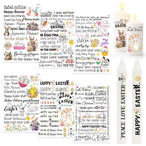 Lets Joy Rub On Sticker Ostern, 6 Stück Kerzentattoos Ostern, 14.8 x 21cm Ostern Frühling Transferaufkleber, Ostereier Hasen Osterkerzen Tattoo Aufkleber, Kerzen Glas DIY Osterdeko Party-Thema von Lets Joy