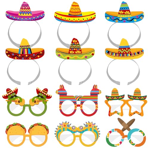 Lets Joy 6 Paar Party Brillen, 6 Stück Mexikanische Partyhüte, Sombrero Partyhüte, Bunte Mexikanisches Partybrillen, Papier Lustige Fotorequisiten Hawaii Dekoration Fiesta Party von Lets Joy