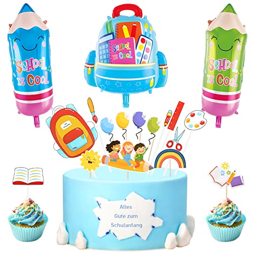 Lets Joy Einschulung Deko Set Jungen Mädchen, Schulanfang Deko 2023, Schulanfang Tortendeko, Cupcake Topper Luftballon,1 Schultüte Folienballon+ 2 Pencil Folienballons+15 Schulanfang Cupcake Topper von Lets Joy