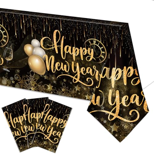 Lets Joy Frohes Neues Jahr Tischdecken 2025, 3PCS Silvester Tischdecken, Schwarz Gold Silvester Tischdecke, Silvester Tischdecken Tischdeko,Plastik Wasserabweisend Tischwäsche Party Deko 108 x 180cm von Lets Joy