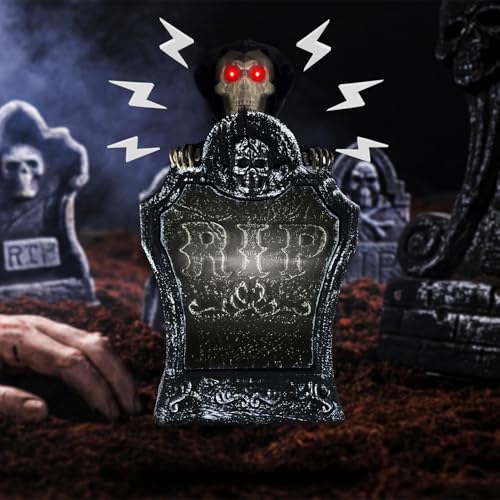 Lets Joy Halloween Grabsteine Deko, Halloween RIP Friedhof Grabsteine, Beweglicher Skelettschädel LED, Halloween Horror Totenkopf Requisiten, Sprachaktivierung Garten Party Spukhaus Dekoration von Lets Joy
