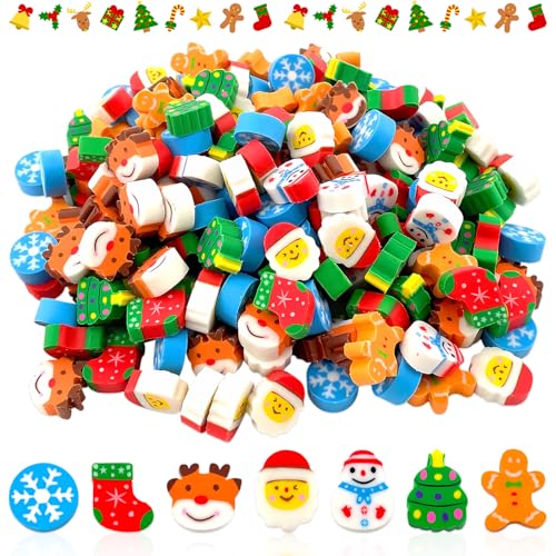 Lets Joy Weihnachten Radiergummi Kinder, 200PCS Mitgebsel, Weihnachtsmann Schneeflocke Schneemann Radierer, Partygeschenke Spiele Schule Preise von Lets Joy