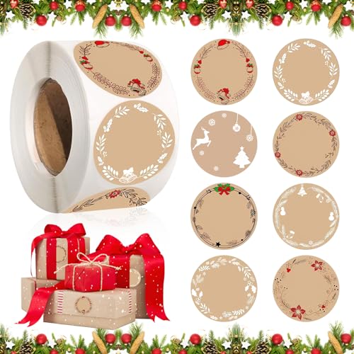 Lets Joy Weihnachtsaufkleber Rund, 500 Stück Weihnachtliche Geschenkaufkleber, Rolle Weihnachtsaufkleber, Kraftpapier Aufkleber, Selbstklebende Geschenkaufkleber, Umschlag Geschenkverpackungen von Lets Joy