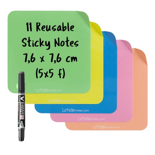 LETSGONOTES Mini Quadratische Mehrfarbig, 25 Reusable Post It + Folienstift Abwischbar. Überall Anbringen und Abnehmen ohne Papier von LetsGo letsgonotes