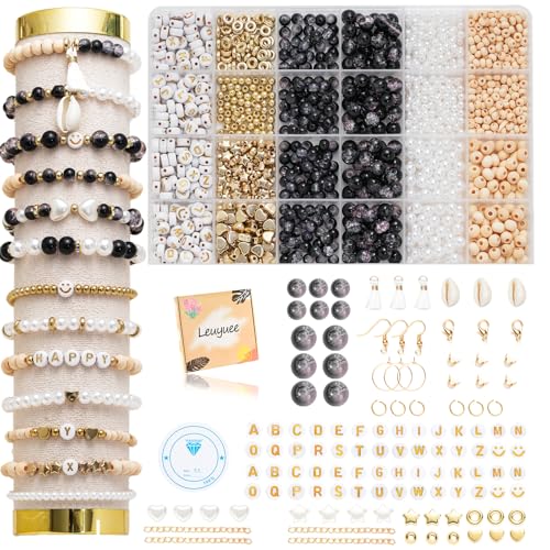 Leuyuee Glasperlen zum für armbänder Edelstein Perlen Perlen Set Zum Auffädeln Kit Perlenset Beads für DIY armbänder selber machen Schmuck Halskette Ohrringe Kette für Erwachsene(Zweifarbig schwarz) von Leuyuee