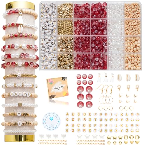 Leuyuee Glasperlen zum für armbänder Edelstein Perlen Perlen Set Zum Auffädeln Kit Perlenset Beads für DIY armbänder selber machen Schmuck Halskette Ohrringe Kette für Erwachsene(Zweifarbig rot) von Leuyuee