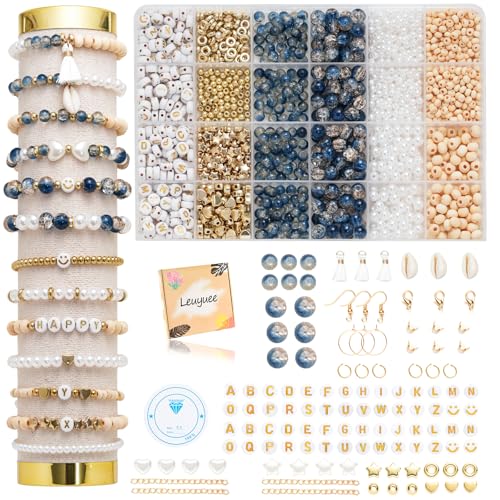Leuyuee Glasperlen zum für armbänder Edelstein Perlen Perlen Set Zum Auffädeln Kit Perlenset Beads für DIY armbänder selber machen Schmuck Halskette Ohrringe Kette für Erwachsene(Zweifarbiges Blau) von Leuyuee