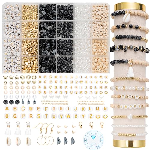 Leuyuee Natürliche Amazonit Perlen Edelstein Perlen Perlen Set Zum Auffädeln 1679 Stück Glasperlen Kit Perlenset Beads für DIY Schmuck Halskette Ohrringe Kette für Kinder Erwachsene (schwarz und weiß) von Leuyuee