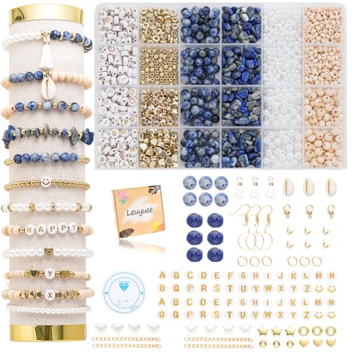 Leuyuee Natürliche Amazonit perlen für armbänder Edelstein Perlen Perlen Set Zum Auffädeln Kit Perlenset Beads für DIY armbänder selber machen Schmuck Halskette Ohrringe Kette (Blauer Punktfarbe) von Leuyuee