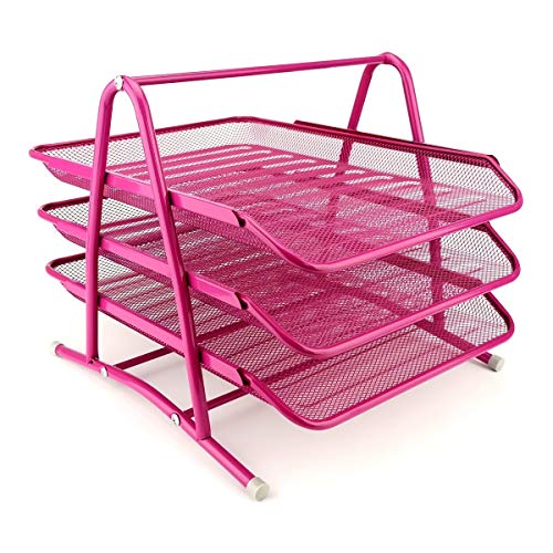 Leviatan Metall Ablage Ablagefächer | Büro Organizer Schreibtisch | Schubladen für Dokumente | 3 Schubfächer Briefablage Dokumentenablage A4 Organizer Mesh | Rosa von Leviatan