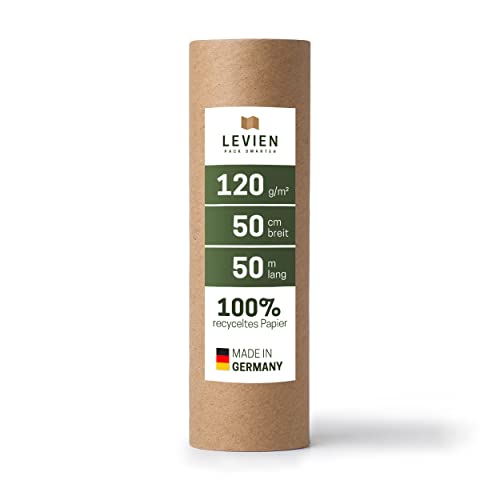Levien Packpapier Rolle, 120g/m², braun, 50cmx50m, 100 Prozent recyceltes Kraftpapier, nachhaltig. Ideal zum Verpacken, als Füllmaterial, Geschenkverpackung, für Pakete, Basteln, Umzug von Levien