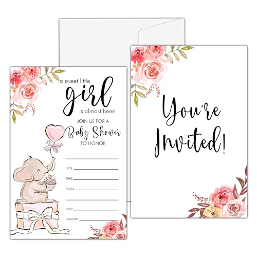Babyparty-Einladungen für Mädchen, rosa Elefant, Babyparty-Einladungen für Mädchen, Blumenelefant, Babyparty-Einladung (10,2 x 15,2 cm), 25 Einladungen zum Geschlecht – YQK05 von Levitatinyear