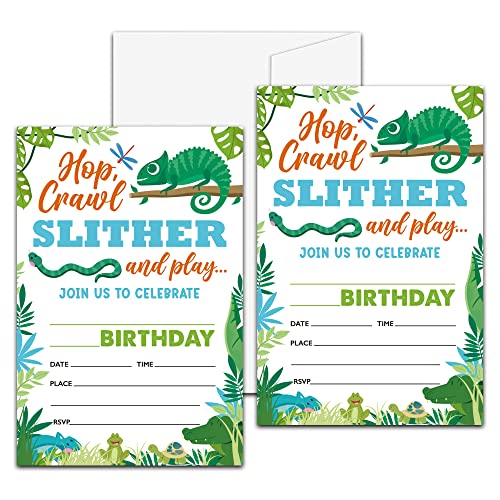 Reptilien-Amphibien-Geburtstagsparty-Einladungen, Eidechsen-Themen, Einladungen für Teenager, 20 Einladungen mit Umschlägen (10.2x15.2 cm), Kinderschlangenparty-Dekorationen und Zubehör. 1 US von Levitatinyear