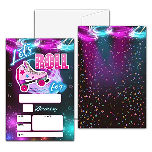 Rollschuh-Geburtstagsparty-Einladung, Let's Roll Neon Einladungen für Teenager, Jungen und Mädchen, 20 Einladungen mit Umschlägen (10,2 x 15,2 cm), Kinderparty-Dekorationen und -Zubehör-14 10 von Levitatinyear