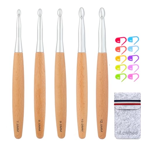 Lewhoo Großes Häkelnadel-Set mit Buchenholzgriff, 5 große Häkelnadeln für dickes Garn, 7 mm, 8 mm, 9 mm, 10 mm, 12 mm von Lewhoo