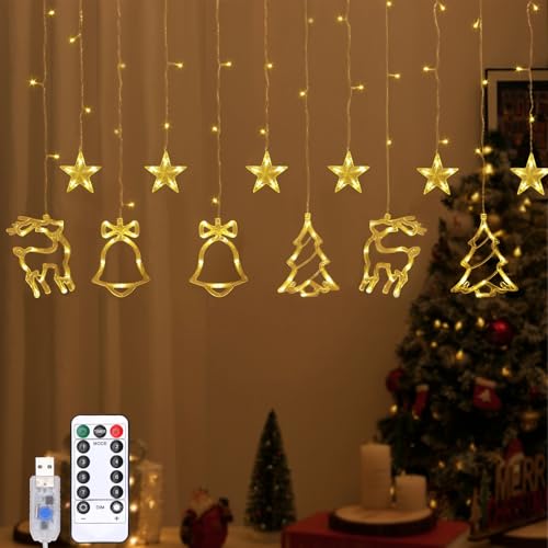 Lewondr 138 LED Weihnachtsvorhang Lichter, Rentier Glocke Weihnachtsbaum hängende Lichterkette mit 6H Timer & 8 Modi, USB betriebene Lichterketten, Weihnachtsdekoration für Haus Party, Warmes Licht Lewondr 138 LED Weihnachtsvorhang Lichter, Rentier Glocke Weihnachtsbaum hängende Lichterkette mit 6H Timer & 8 Modi, USB betriebene Lichterketten, Weihnachtsdekoration für Haus Party, Warmes Licht von Lewondr