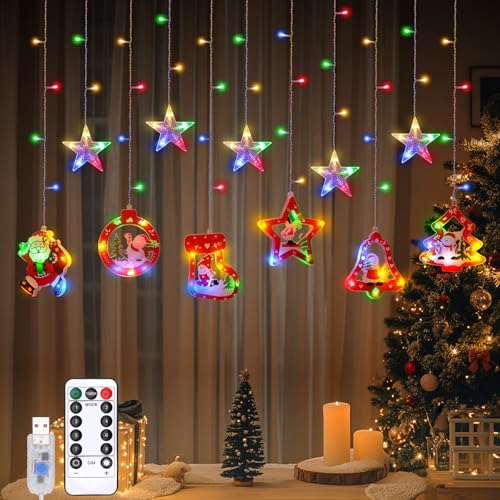 Lewondr 138 LED Weihnachtsvorhang Lichter, Weihnachtsmann Schneemann hängende Lichterkette mit 6H Timer & 8 Modi, USB Betriebene Lichterkette, Weihnachtsdekoration für Indoor Ornament, Buntes Licht Lewondr 138 LED Weihnachtsvorhang Lichter, Weihnachtsmann Schneemann hängende Lichterkette mit 6H Timer & 8 Modi, USB Betriebene Lichterkette, Weihnachtsdekoration für Indoor Ornament, Buntes Licht von Lewondr