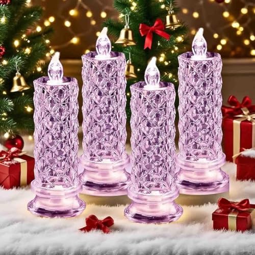 Set Mit 4 LED-Kristallkerzenlichtern, Flammenlosen LED-Kerzen, Flammenlosen Rosenschatten-LED-Kerzen, Romantischen Flammenlosen Stumpenkerzen(Purple,4PCS) von LexTex