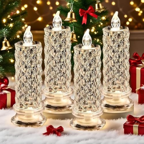 Set Mit 4 LED-Kristallkerzenlichtern, Flammenlosen LED-Kerzen, Flammenlosen Rosenschatten-LED-Kerzen, Romantischen Flammenlosen Stumpenkerzen(Weiß,4PCS) von LexTex