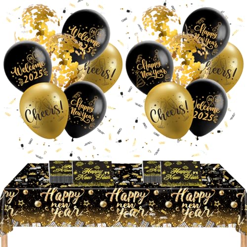 Tischdecke Silvester Deko 2025, 2025 Silvester Party Zubehör,20St Silvester Servietten, 137x274cm New Year Tischdecke Rechteckige, Schwarzgold von Lezehea