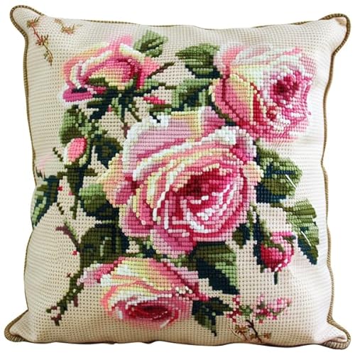 Lfynior DIY Kreuzstichkissen Rose Stickkissen zum Selbersticken 45X45cm Stickpackung Stickset Kreuzstich Kissen zum Basteln Stickkissen Stickpackung mit Vorgedruckt Kreuzstichmotiv von Lfynior
