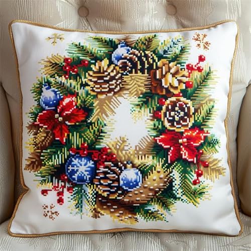 Lfynior DIY Kreuzstichkissen Weihnachten Stickkissen zum Selbersticken 45X45cm Stickpackung Stickset Kreuzstich Kissen zum Basteln Stickkissen Stickpackung mit Vorgedruckt Kreuzstichmotiv von Lfynior