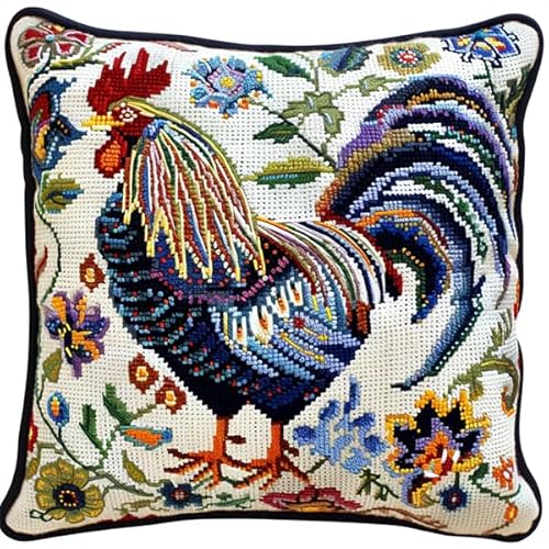 Lfynior Kreuzstich Kissen Set Vorgedruckt Hahn Stickkissen mit Muster 45X45cm Stickpackung Stickset Kreuzstich Kissen zum Basteln Stickkissen Stickpackung mit Vorgedruckt Kreuzstichmotiv von Lfynior