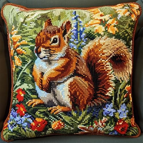 Lfynior Kreuzstichkissen Set Eichhörnchen Stickkissen zum Selbersticken 45X45cm Stickpackung Stickset Kreuzstich Kissen zum Basteln Stickkissen Stickpackung mit Vorgedruckt Kreuzstichmotiv von Lfynior