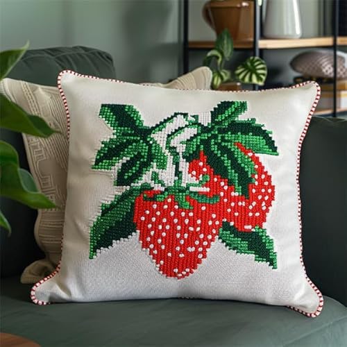 Lfynior Kreuzstichkissen Set Erdbeere Stickkissen zum Selbersticken 45X45cm Stickpackung Stickset Kreuzstich Kissen zum Basteln Stickkissen Stickpackung mit Vorgedruckt Kreuzstichmotiv von Lfynior