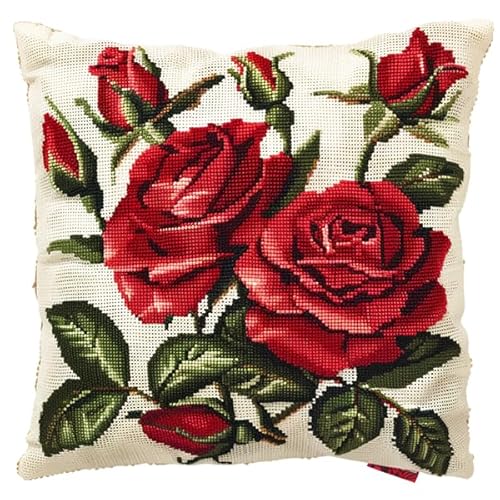 Lfynior Stickset für Kreuzstichkissen Rose Stickkissen zum Selbersticken 45X45cm Stickpackung Stickset Kreuzstich Kissen zum Basteln Stickkissen Stickpackung mit Vorgedruckt Kreuzstichmotiv von Lfynior