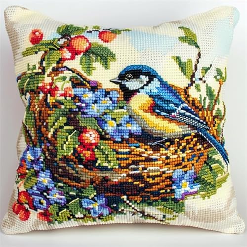 Lfynior Stickset für Kreuzstichkissen Vogel Stickkissen mit Muster 45X45cm Stickpackung Stickset Kreuzstich Kissen zum Basteln Stickkissen Stickpackung mit Vorgedruckt Kreuzstichmotiv von Lfynior