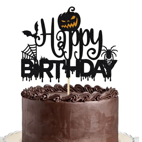 Lgaiehjc Halloween Happy Birthday Tortenaufsatz, gruselige Geist, Spinnennetze, Fledermäuse, schwarzer Glitzer, Kuchenzubehör, gruseliger Geburtstag, Motto-Party-Dekoration, schwarzer Glitzer von Lgaiehjc