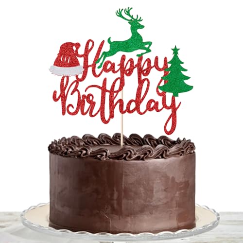 Merry Birthday Cake Topper Rot & Grün Glitzer Weihnachten Kuchen Dekoration Weihnachten Geburtstag Party Kuchen Essen Picks für Winter Onederland Xmas Geburtstag Babyparty Dekorationen von Lgaiehjc