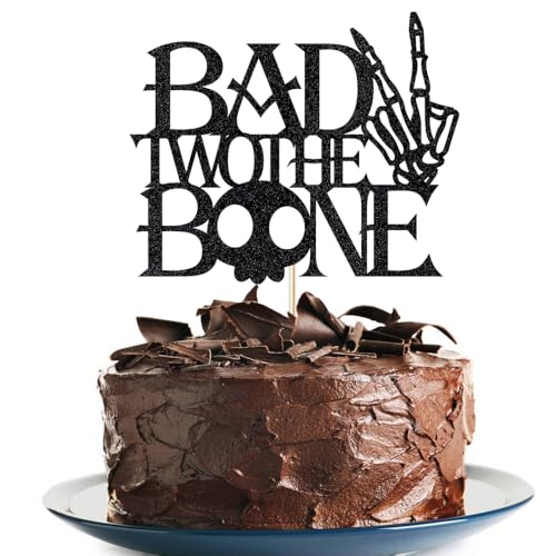 Tortenaufsatz mit Aufschrift "Bad Two the Bone", Rock-Thema, Baby-Kuchendekoration, Knochenschädel, Rock-Roll-Musik, 90er-Jahre-Motto, Party-Dekoration für Babys zum 2. Geburtstag, Schwarz Tortenaufsatz mit Aufschrift "Bad Two the Bone", Rock-Thema, Baby-Kuchendekoration, Knochenschädel, Rock-Roll-Musik, 90er-Jahre-Motto, Party-Dekoration für Babys zum 2. Geburtstag, Schwarz von Lgaiehjc