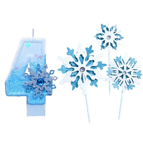 Geburtstagskerzen Zahlen, Glitzernde Zahlenkerze 4 mit Schneeflocken Deko, Geburtstagskerze für Mädchen 4 Kinder, Blue White Frozen blau-weiße Eiskönigin Kuchen Kerzen Topper Geburtstagsdeko von Lguaquanx